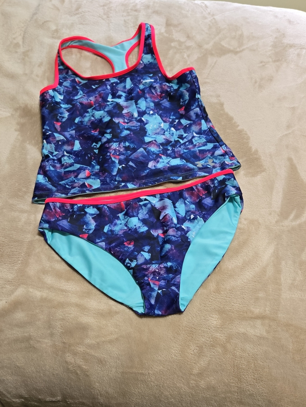 Under Armour Blue Geo Tankini with Bright Pink Trim